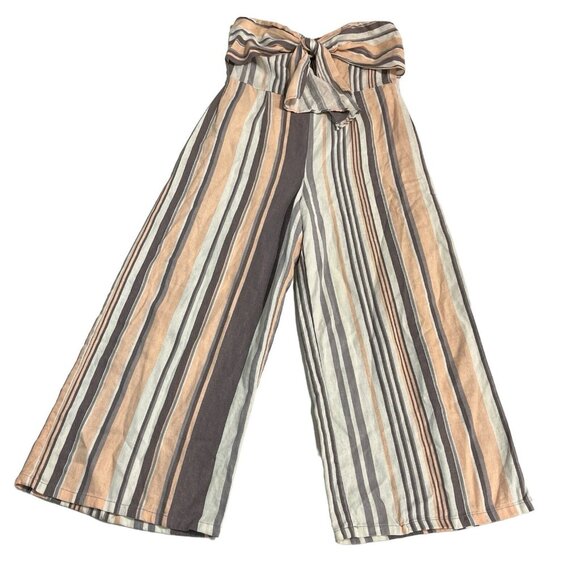 Gypsies & Moondust Jumpsuit L Linen Blend Neutral Striped Wide Leg Strapless - Picture 1 of 11